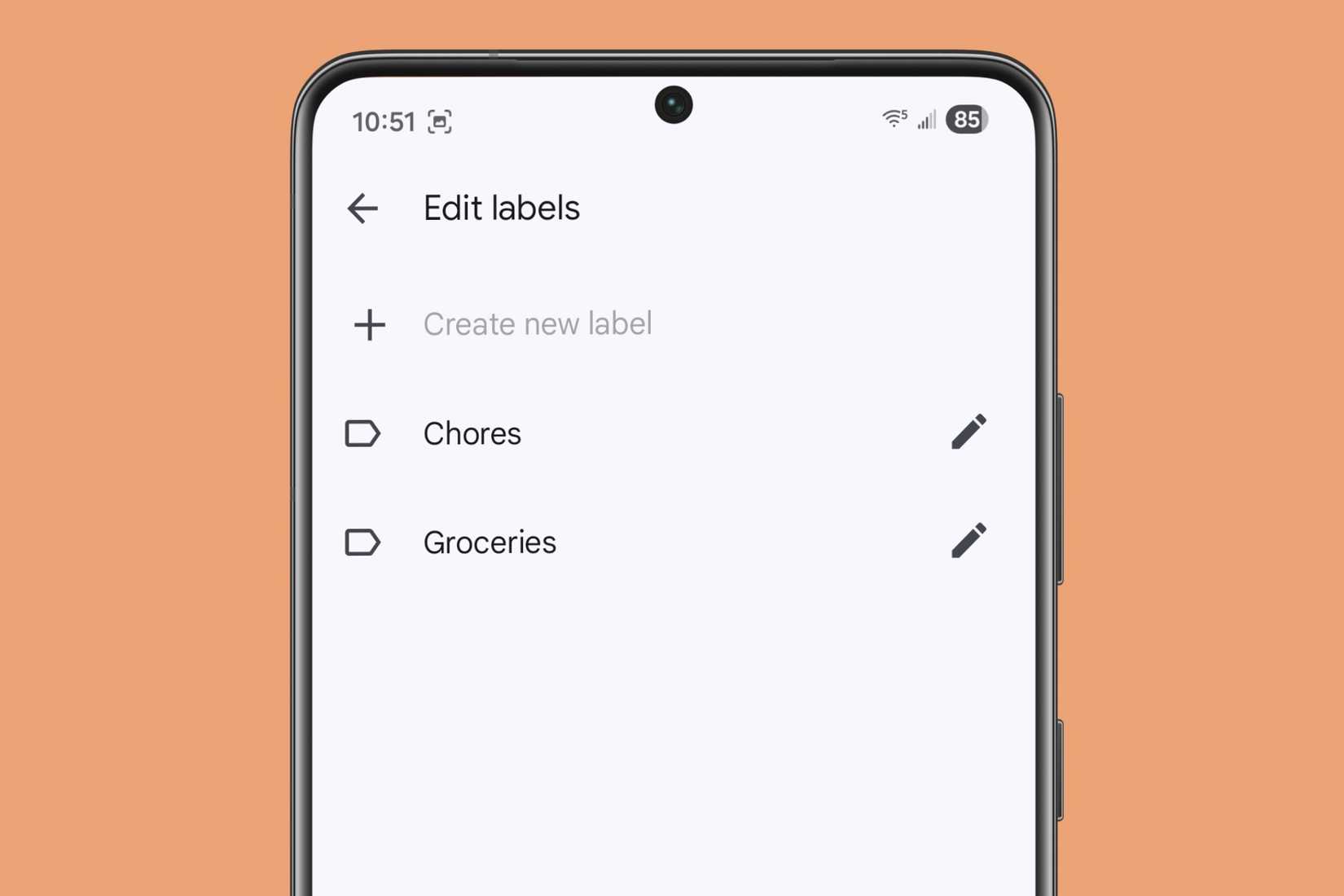Labels in Google Keep on a Samsung device.