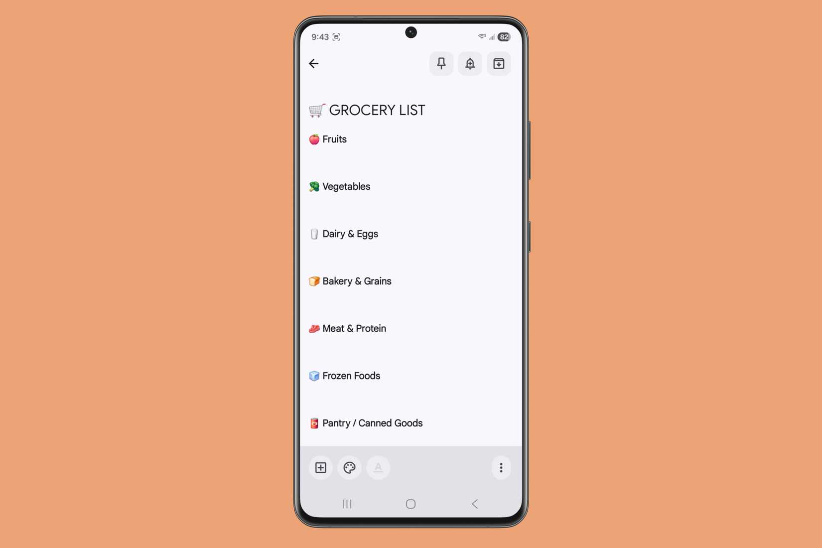 Grocery list created in Google Keep on a Samsung device.