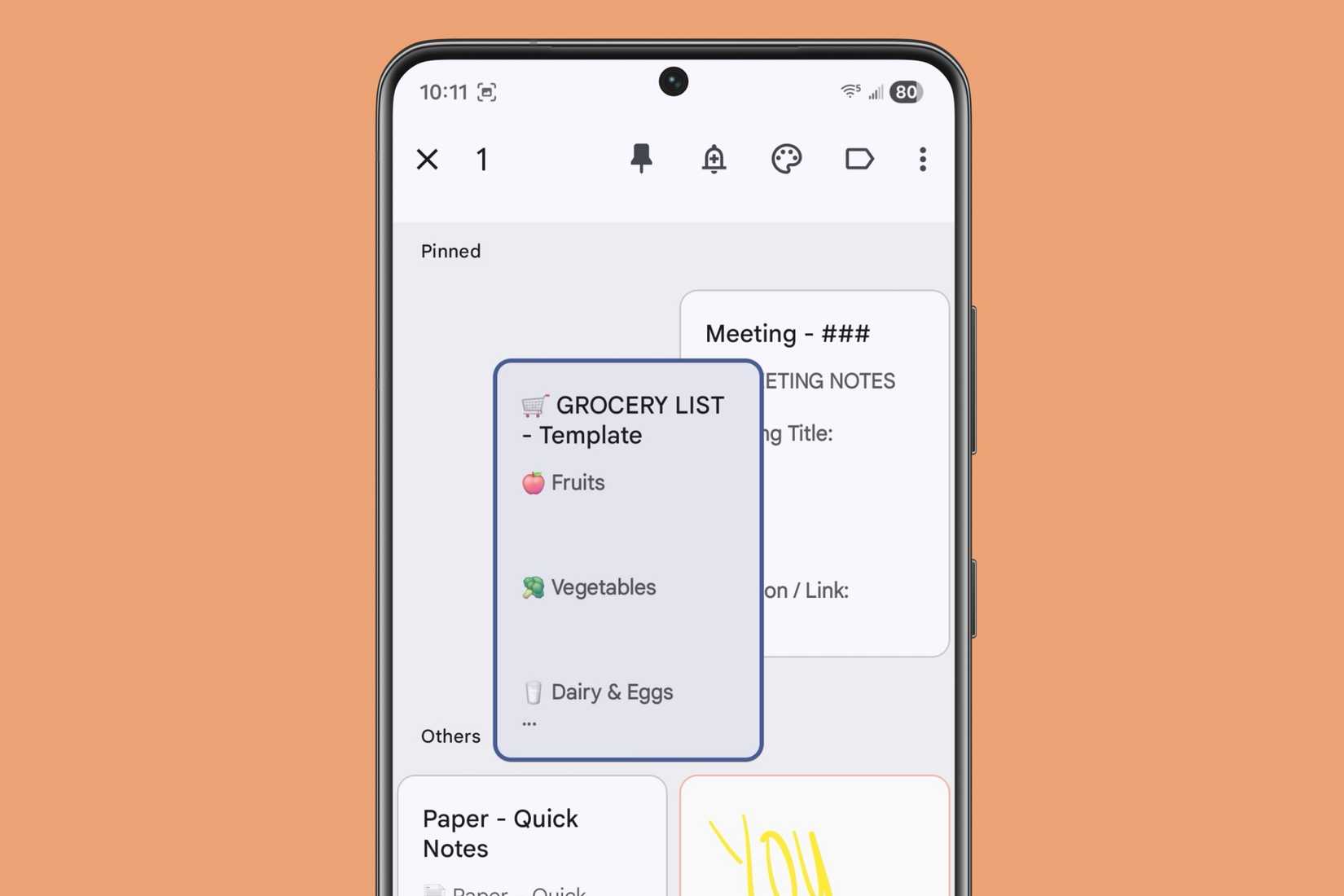 Recording notes in Google Keep that are pinned on a Samsung device.