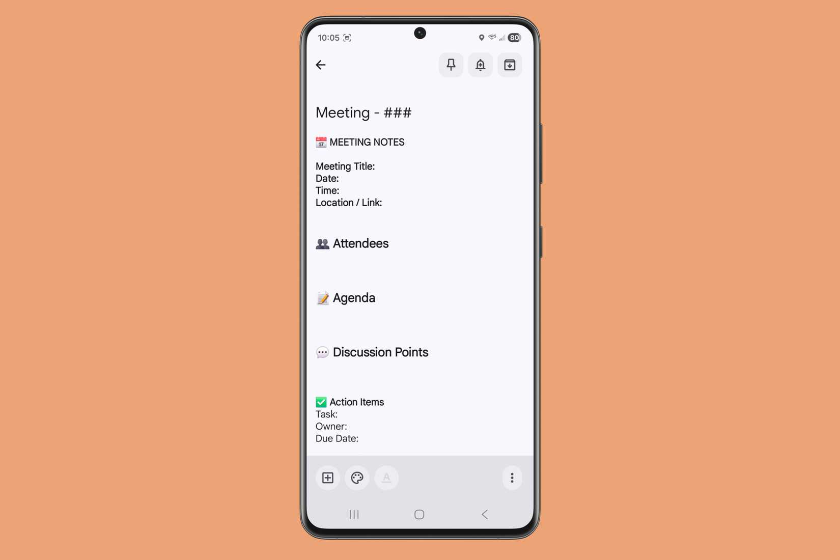 Meeting notes template created in Google Keep on a Samsung device.