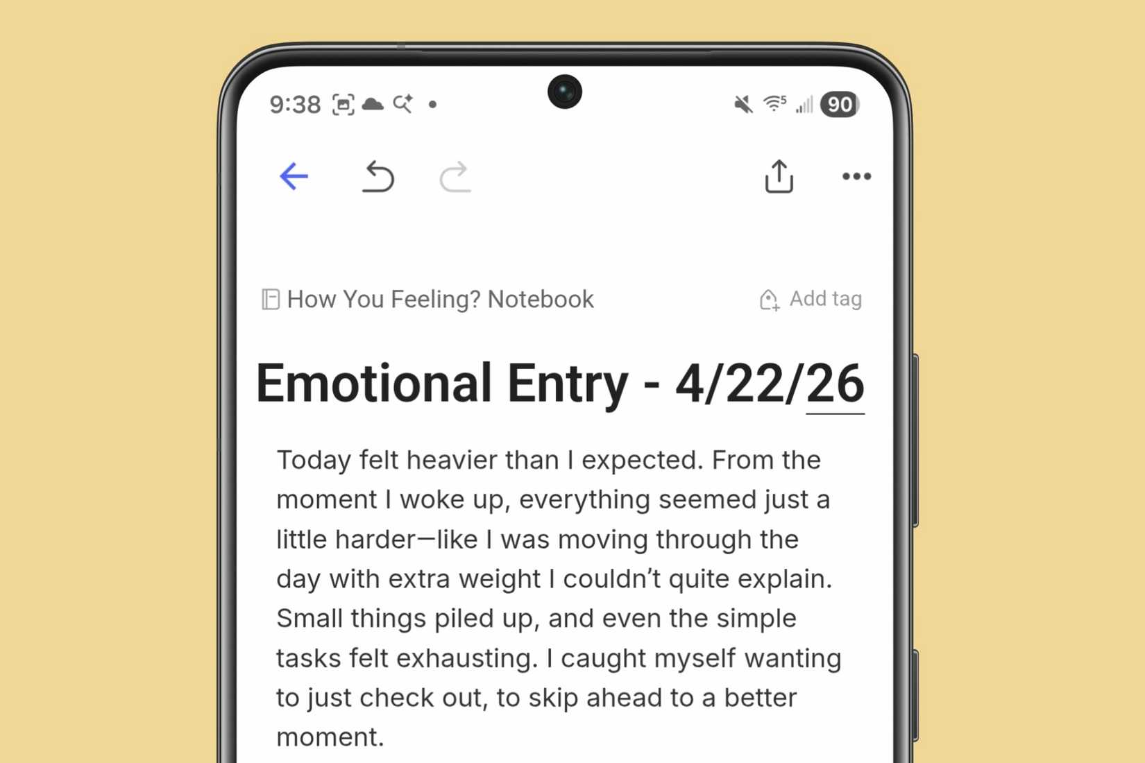 Journal entry about emotions in the Evernote app on a Samsung device.