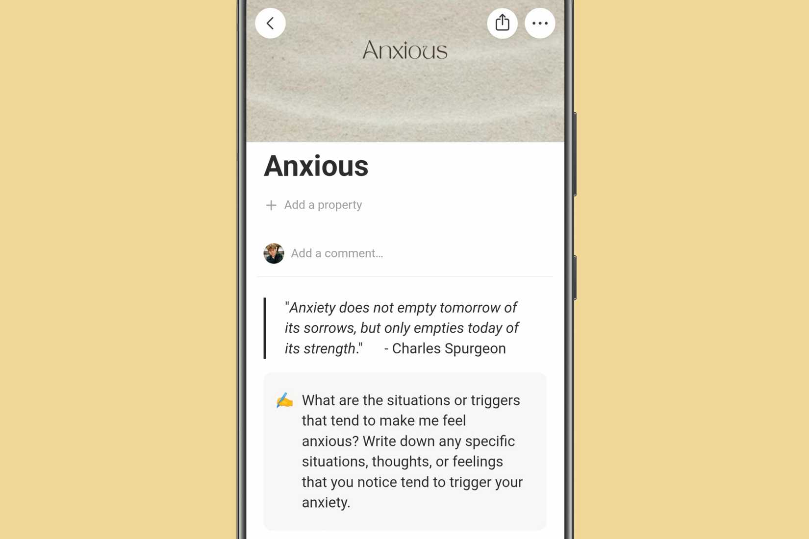 Anxious prompt template in the Notion app on a Samsung device.