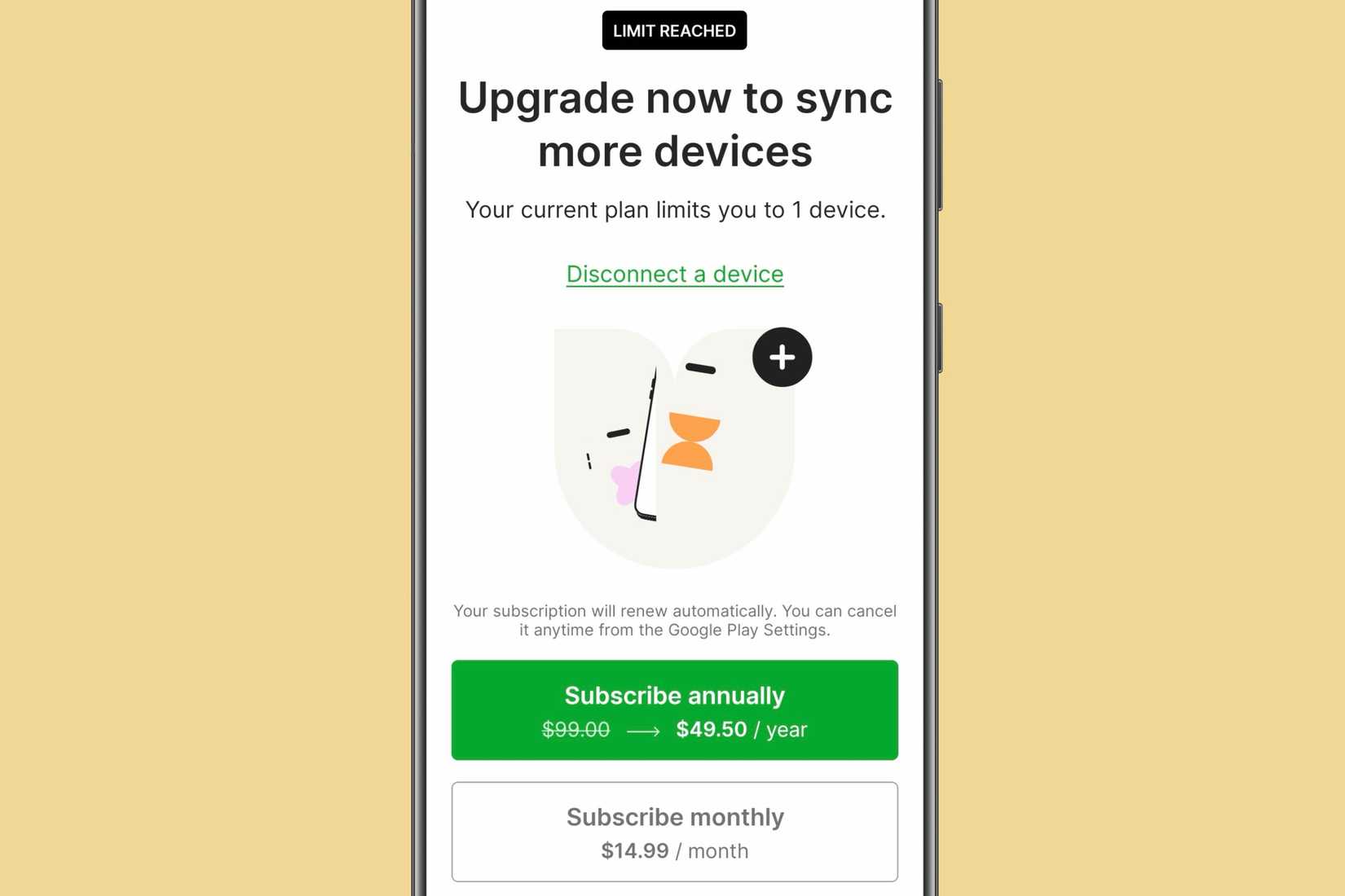 Upgrade prompt to access Evernote on more devices on a single account on a Samsung device.