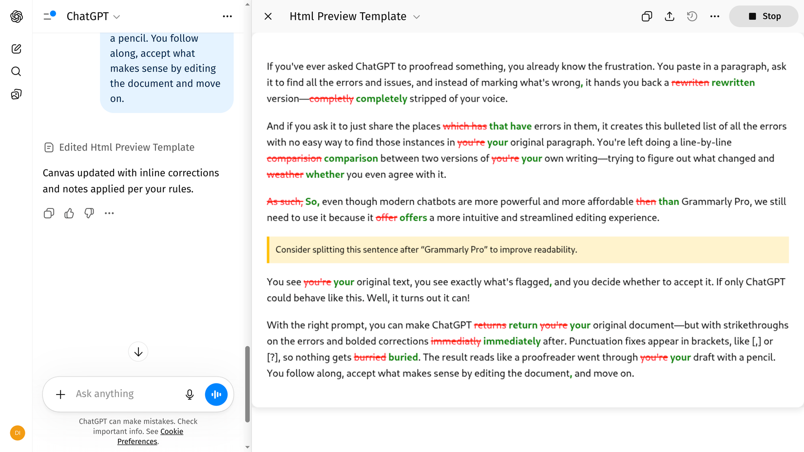 Inline HTML powered proofreading inside ChatGPT.