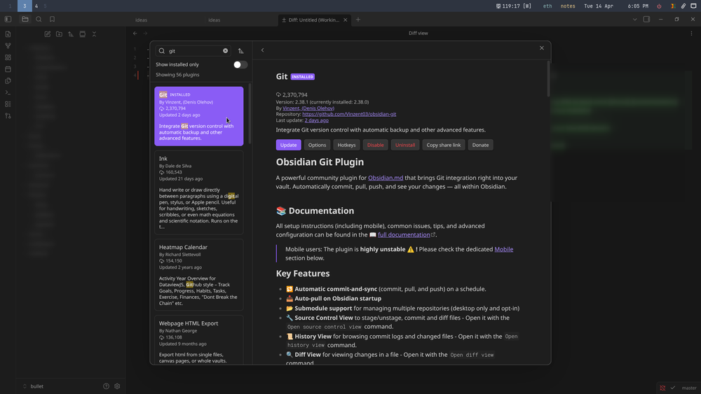 Installing the Git plugin from Obsidian's community plugins