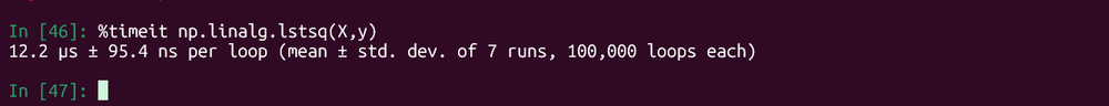 IPython's timeit magic command showing execution time for a least-squares computation