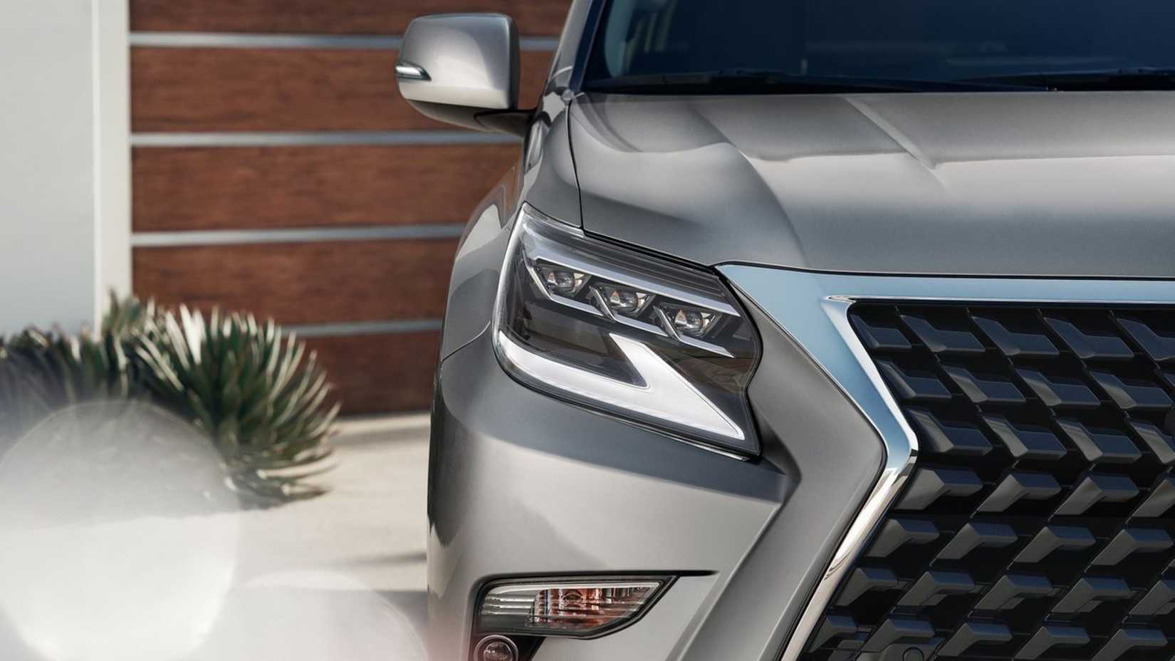 Close-up shot of the headlight on a gray 2020 Lexus GX 460.