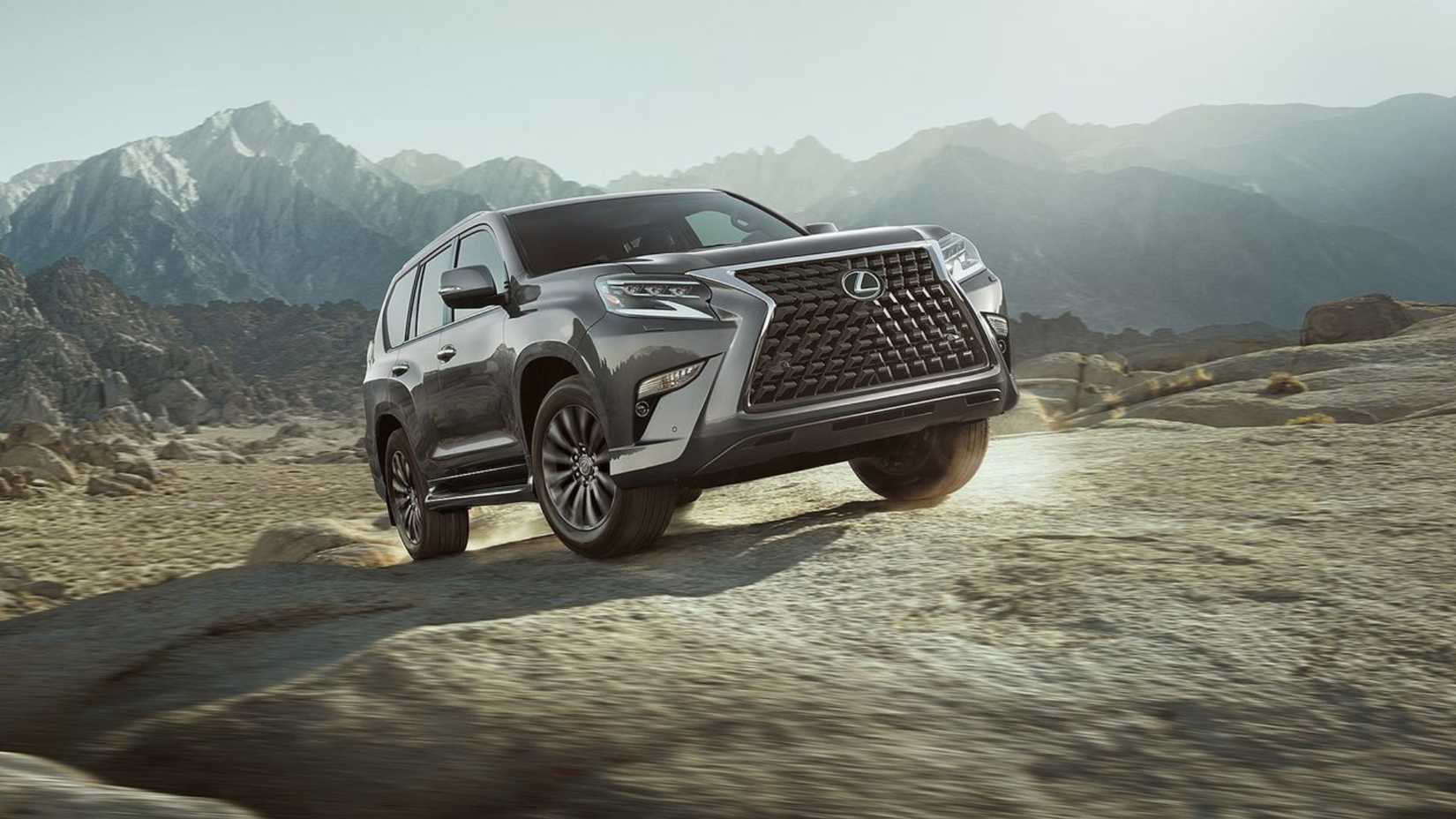 Dynamic front 3/4 shot of a gray 2020 Lexus GX 460 off-roading.