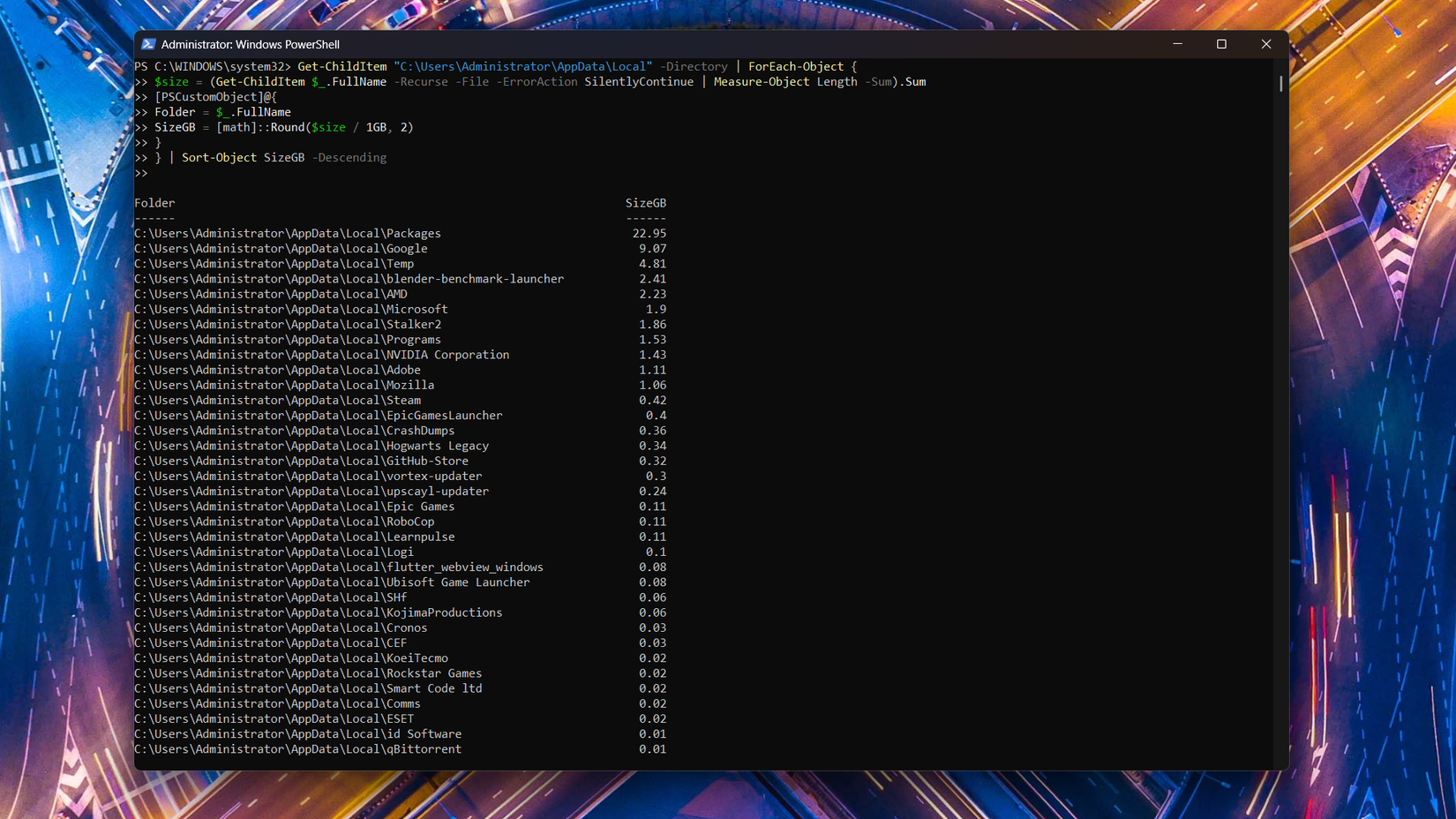 Listing folders taking up the most disk space with a PowerShell command 01.