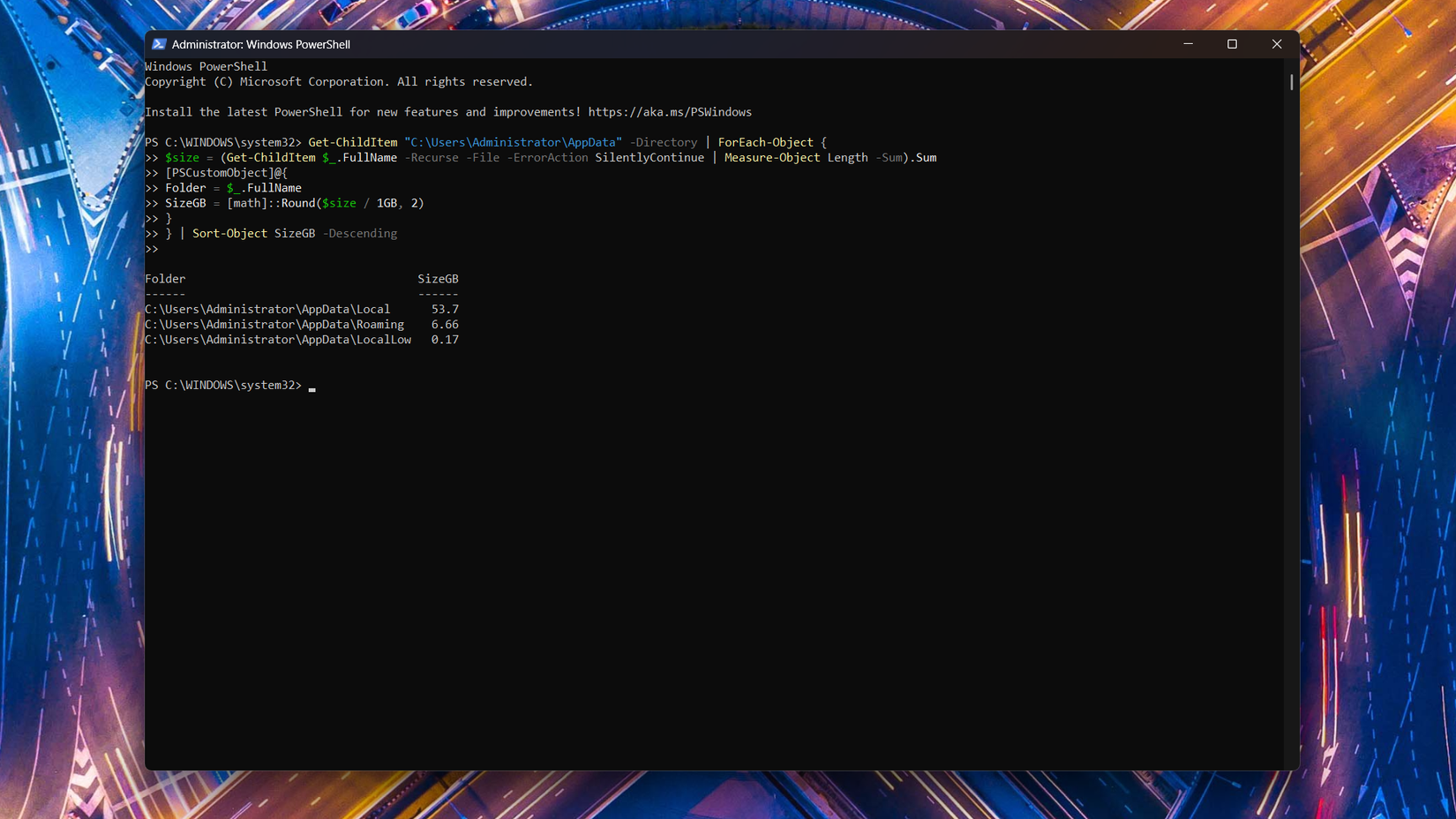 Listing folders taking up the most disk space with a PowerShell command.