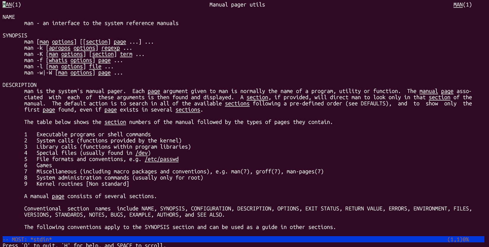 Manual page for the Linux "man" command in the most pager.