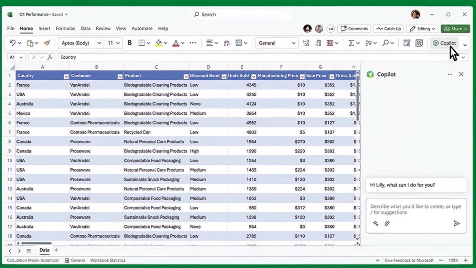 Microsoft Excel using Copilot to help with a table