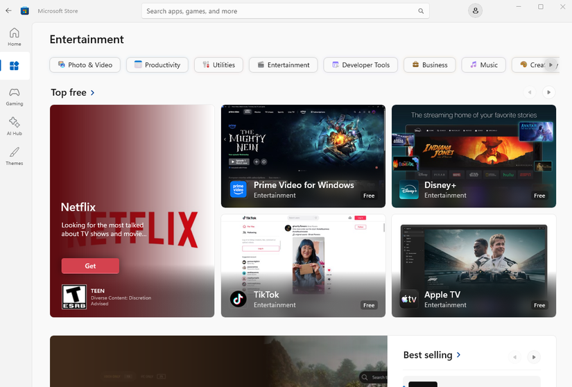 Скрин Windows 11 — раздел «Развлечения» в Microsoft Store