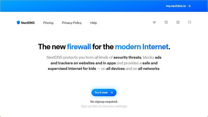 The NextDNS home page. 