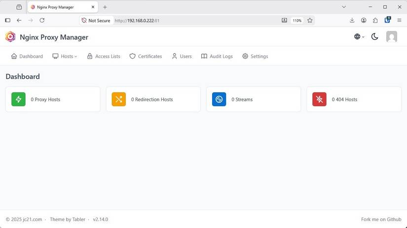 Nginx Proxy Manager open in Firefox.