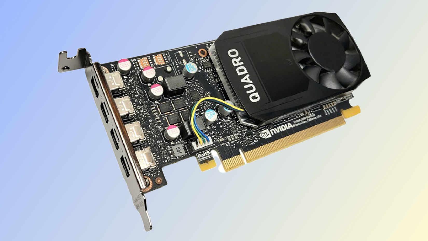 An NVIDIA Quadro P620 GPU against a light blue background.