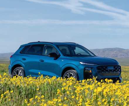 Front 3/4 shot of a 2026 Audi Q3 in a field of flowers
