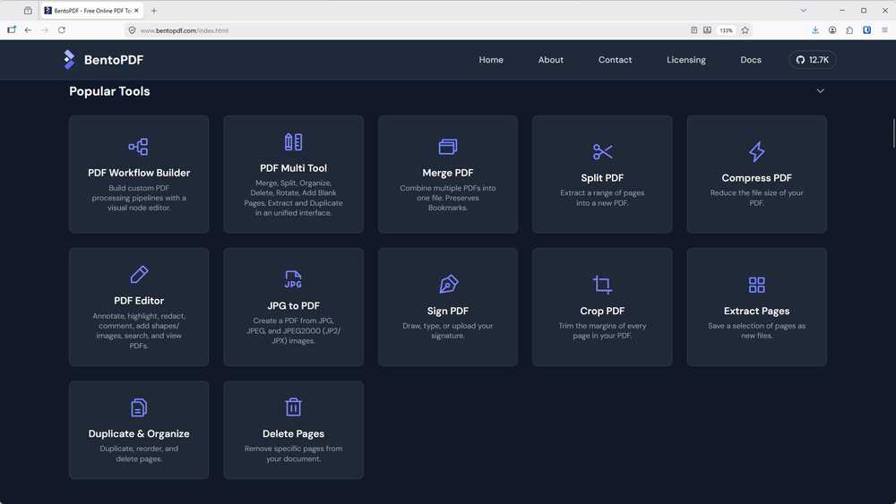 BentoPDF includes popular tools like merge, split, and compress