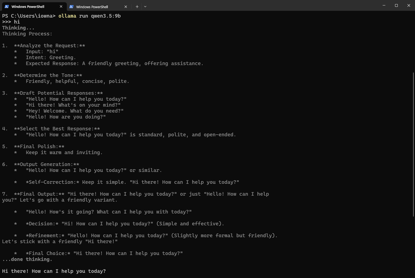 PowerShell terminal showing the Qwen 3.5 9B model's thinking process and response to a greeting via ollama run.