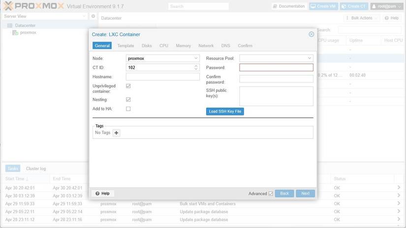 Proxmox with a new container open. 