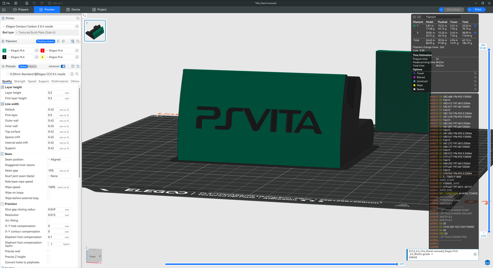 PS Vita charging station model is visible in slicer software.