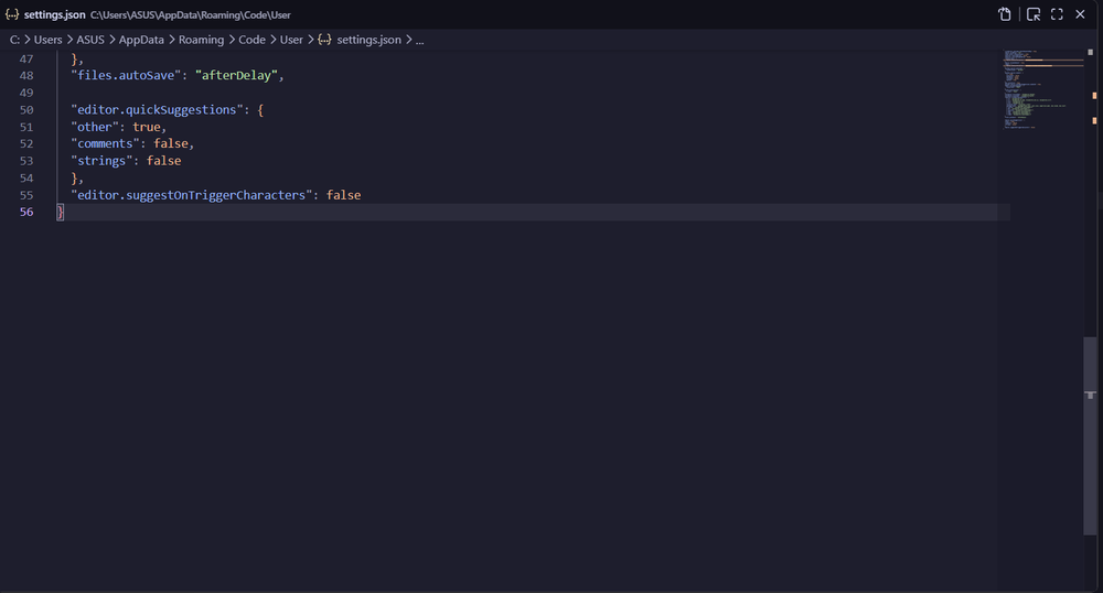Configuring autocomplete suggestions in settings.json