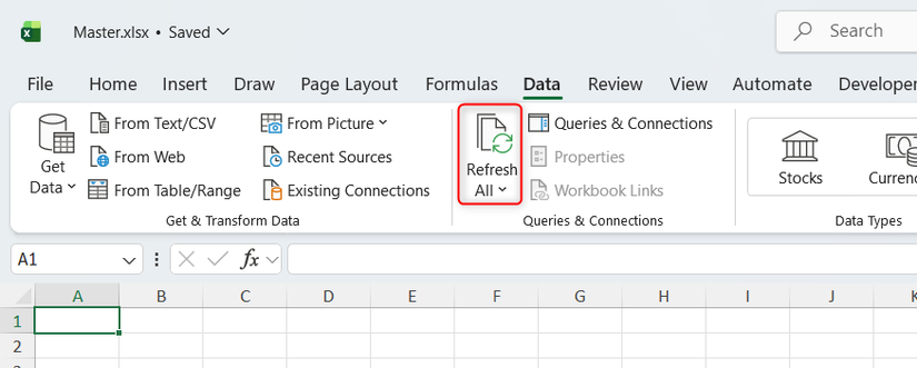 Refresh All in Excel's Data tab.