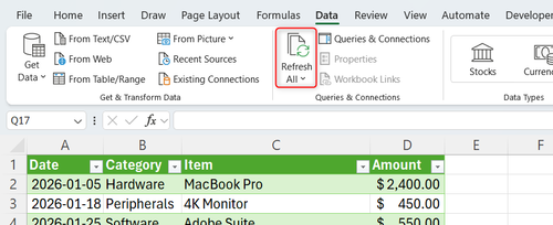 Refresh All in the Data tab updates all Power Query connections
