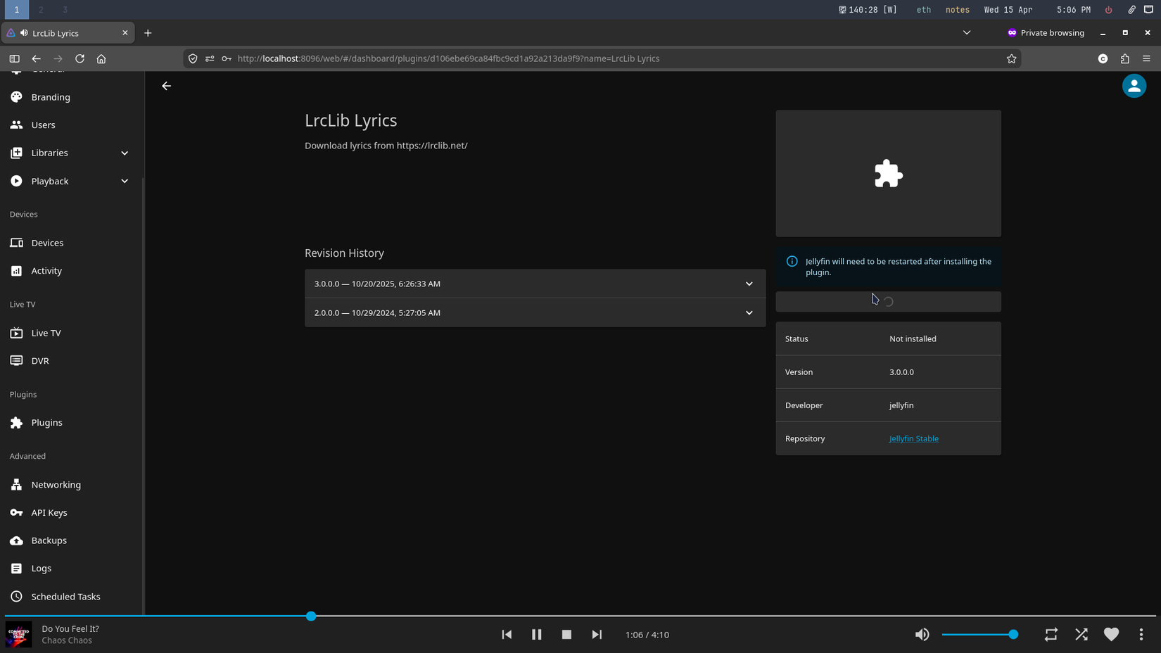 Removing LrcLib Lyrics plugin first.