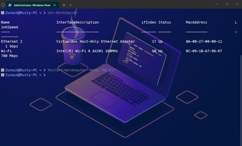Restarting the network adapter using the Restart-NetAdapter command.