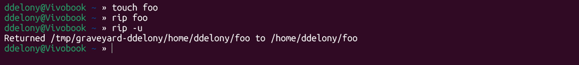 Deleting and restoring the file "foo" in the terminal with rip.