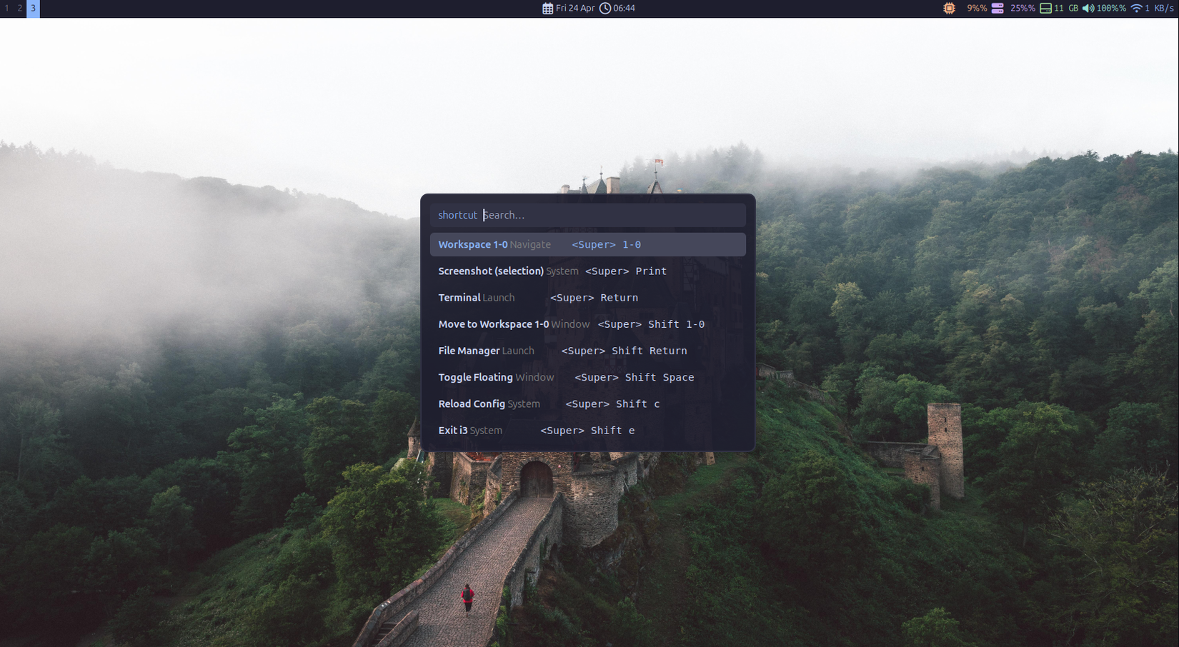 Rofi shortcut help popup showing i3 keybindings including workspace and terminal shortcuts.