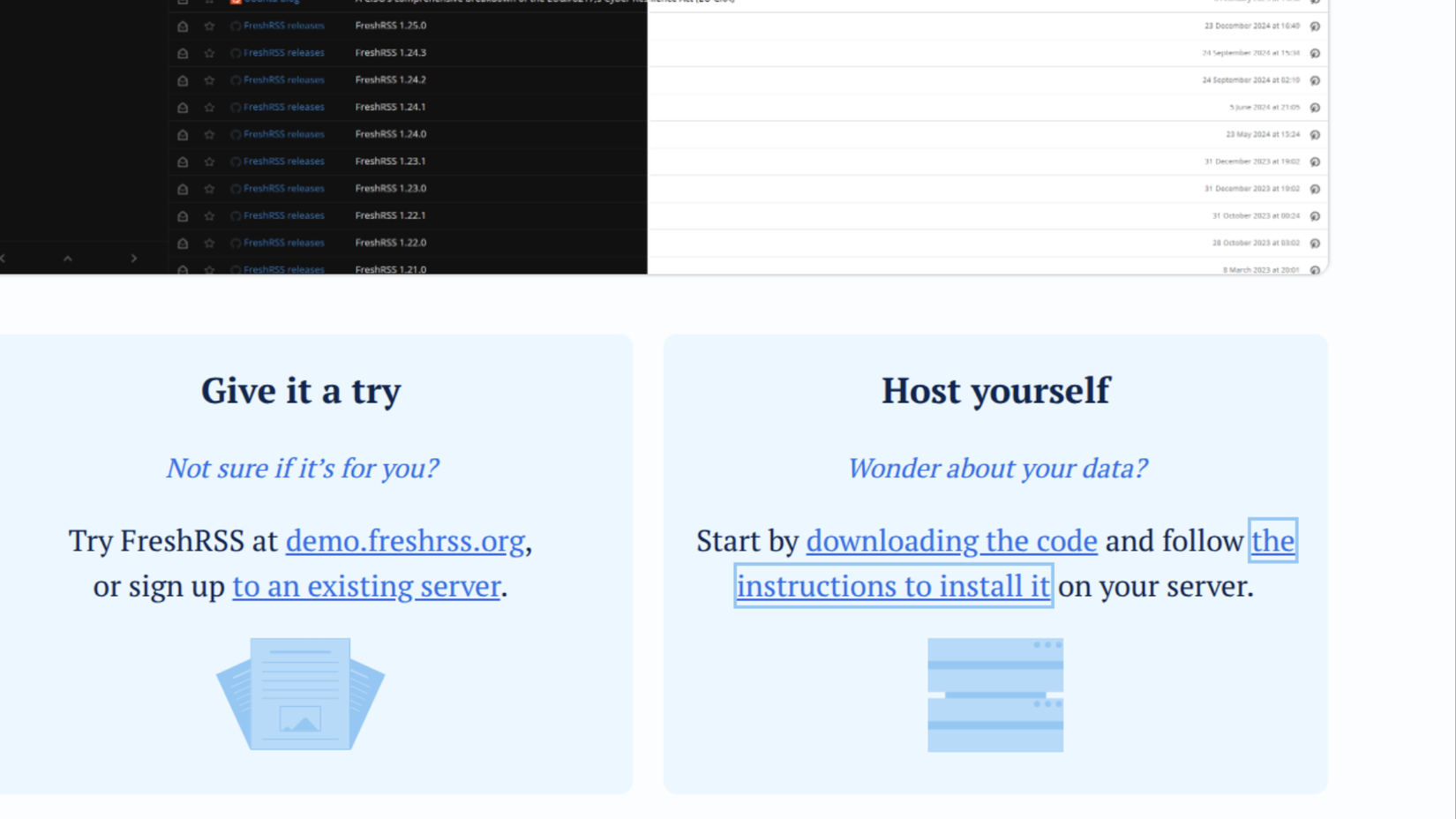 Экран установки Fresh RSS — самостоятельное приложение для RSS