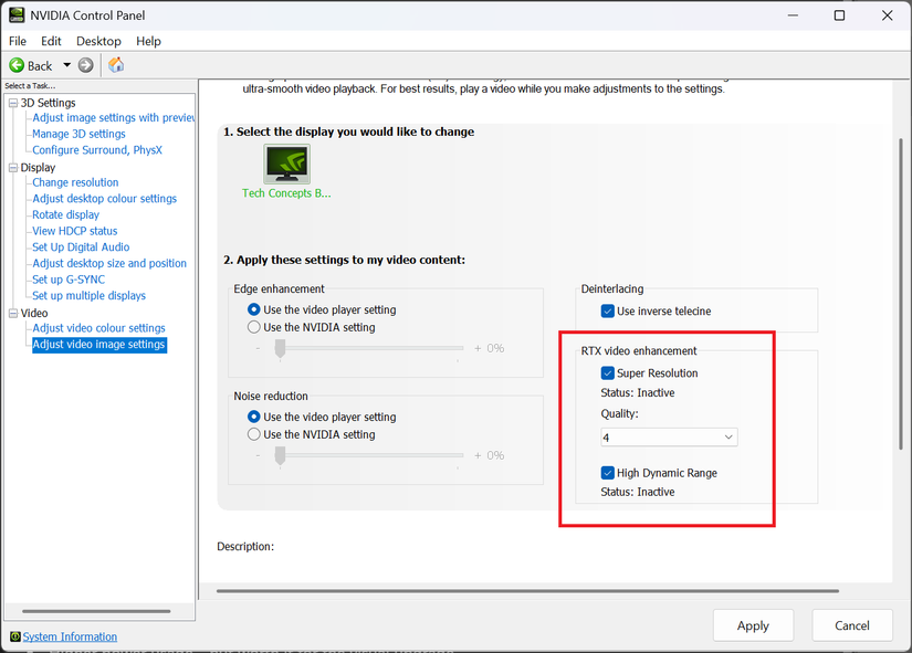 RTX VSR settings in the NVIDIA app.