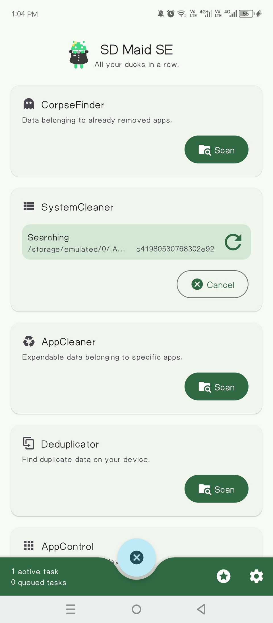 Running a system cleaner scan with SD Maid.