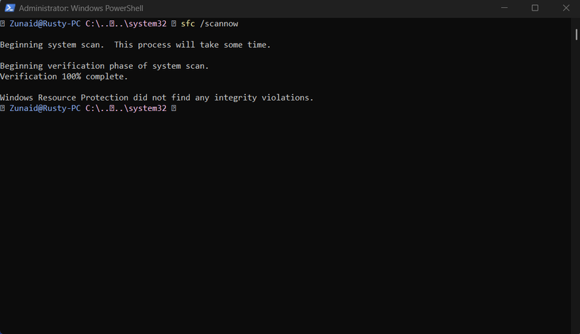 Running sfc scannow on PowerShell on Windows.