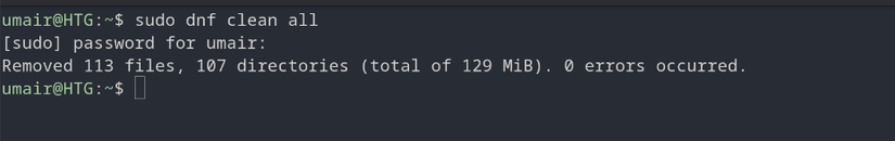 Screenshot of sudo dnf clean all being using on a fedora system