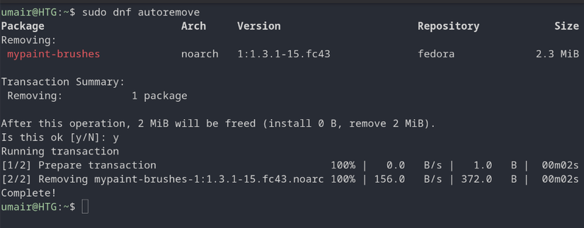 Screenshot of sudo dnf autoremove being run on a fedora system