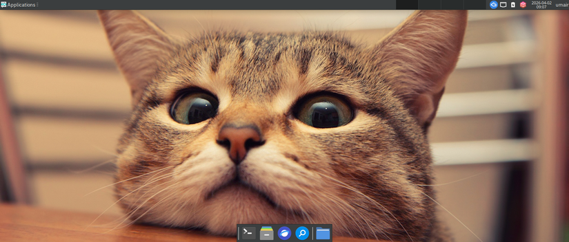 screenshot of a fedora xfce desktop with a cat as a walllpaper