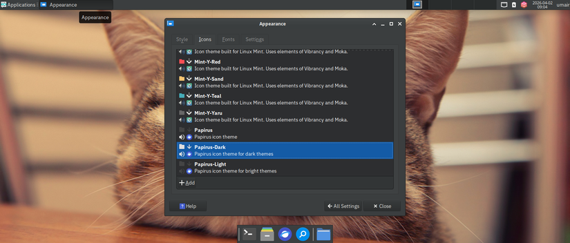 screenshot showing icons themes being changed on fedora xfce spin