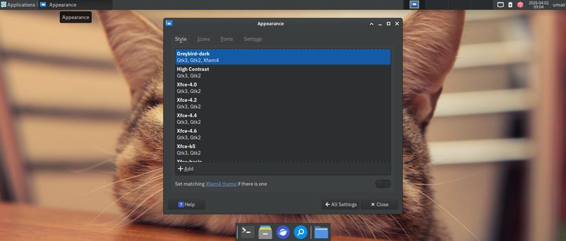 screenshot showing themes options on fedora xfce spin