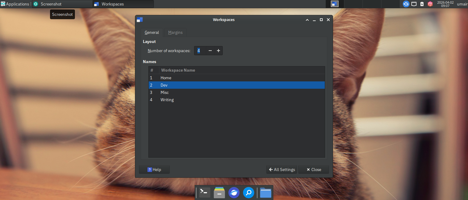 screenshot showing workspaces option on fedora xfce spin in which 4 workspaces are enabled