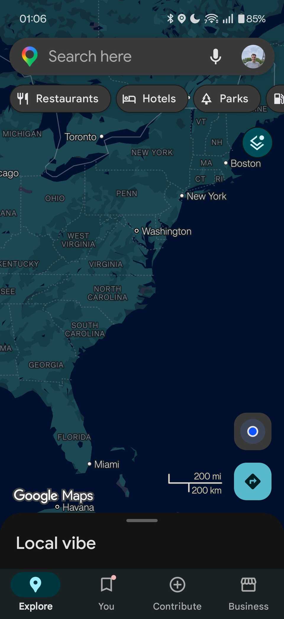 Google Maps in dark theme on a phone.