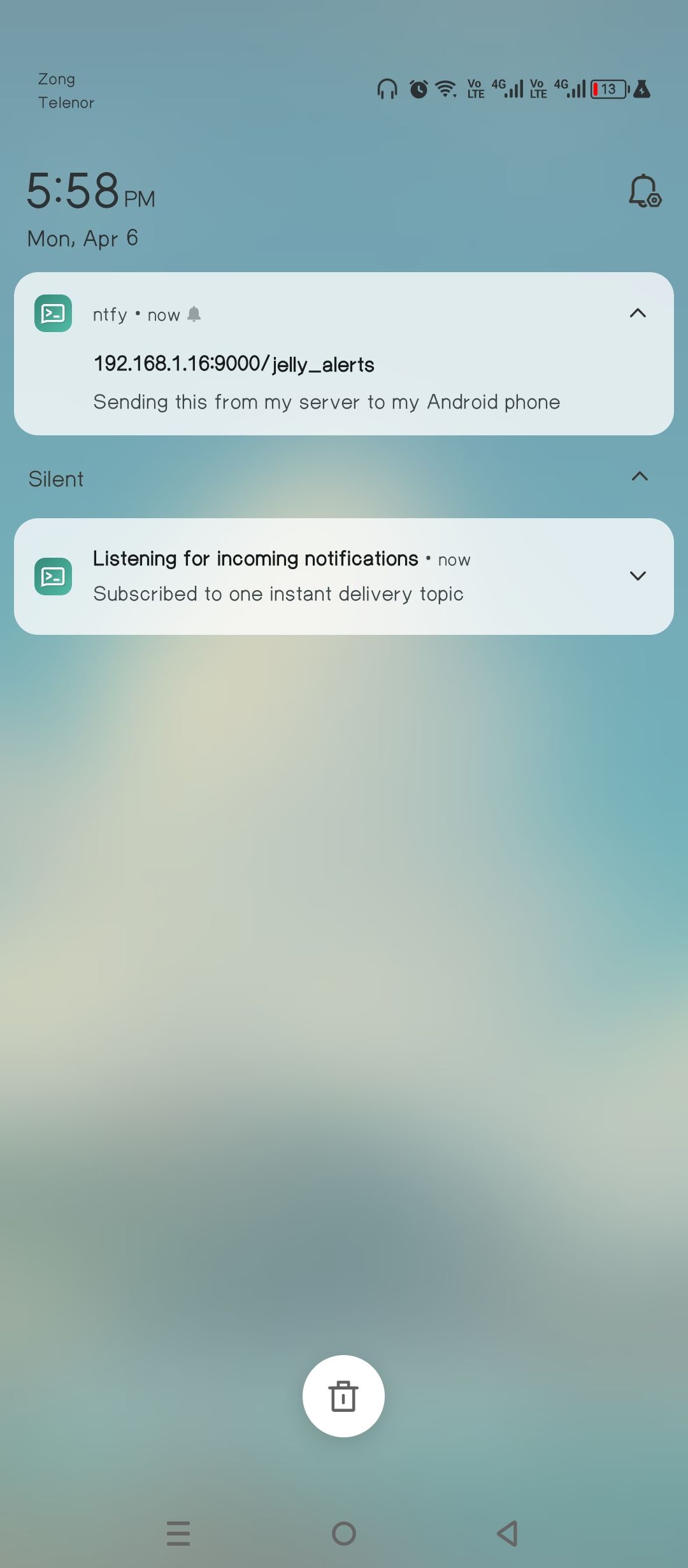 Receiving a push notification from my home server on my Android phone.