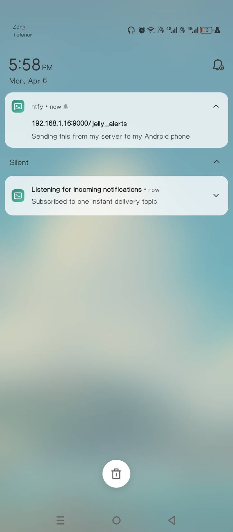 Receiving a push notification from my home server on my Android phone.
