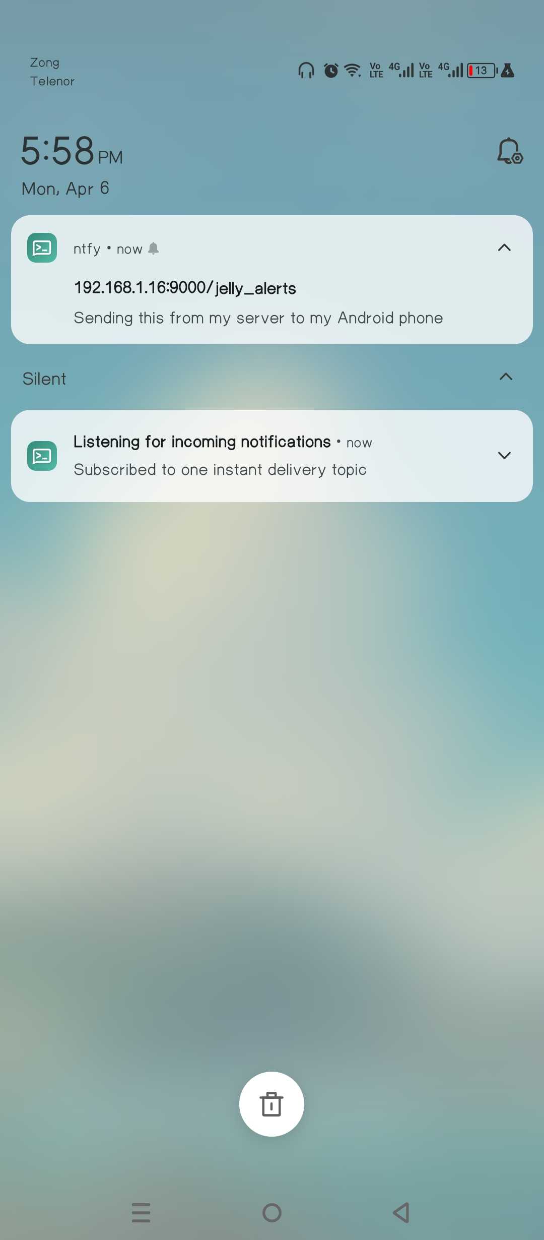 Receiving a push notification from my home server on my Android phone.