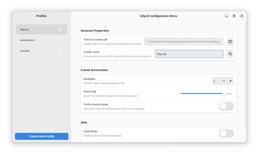 A basic Skryim profile in the lsfg-vk Configuration Menu. 