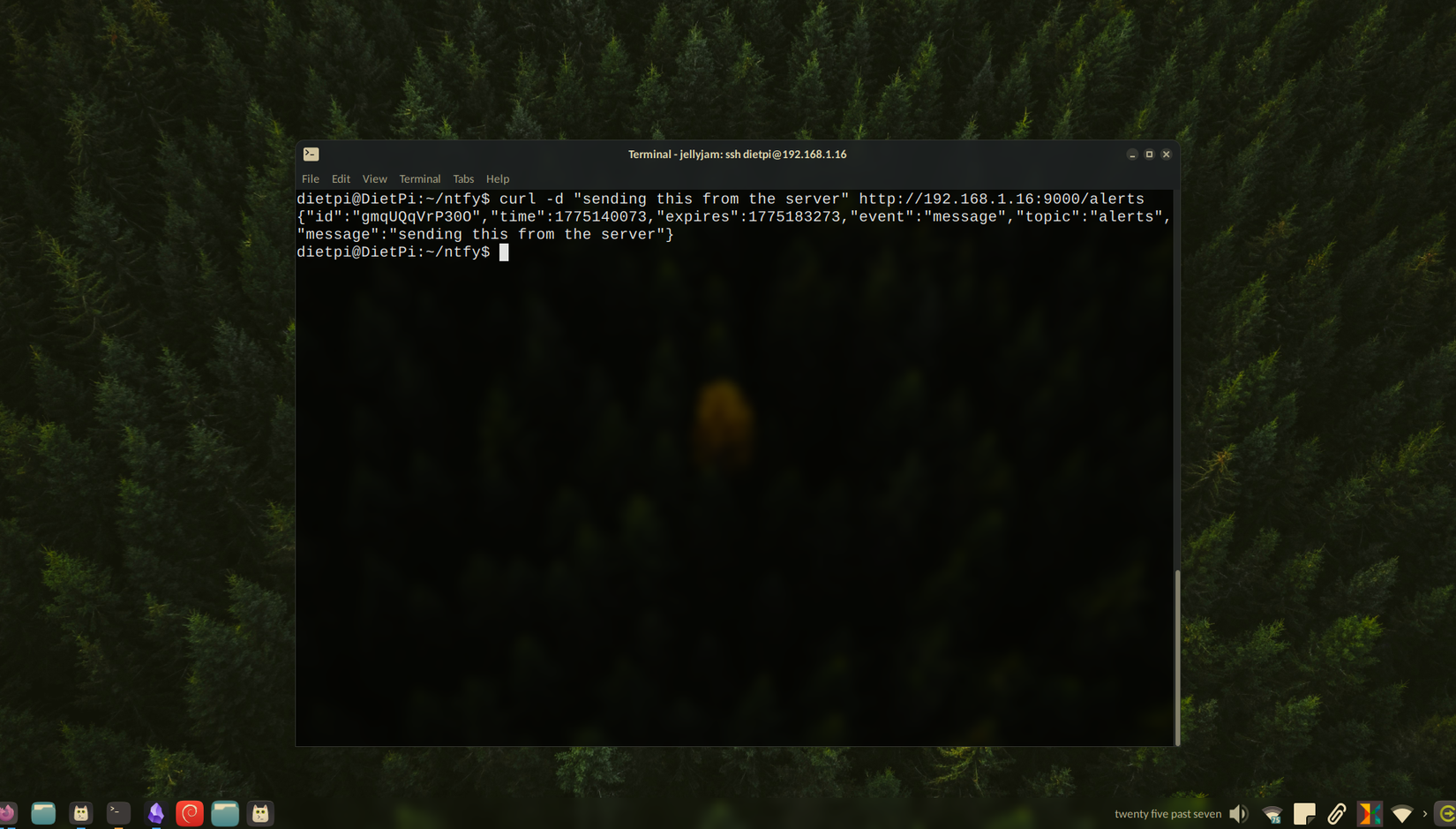 Sending a test notification via curl commands.