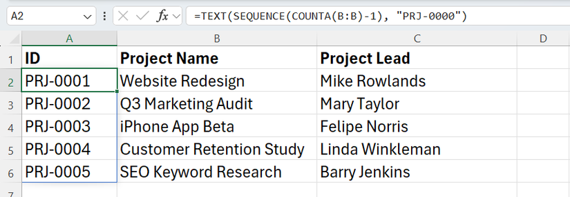 SEQUENCE used in Excel to create project IDs formatted as PRJ-0000 in column A according to the number of project names in column B.