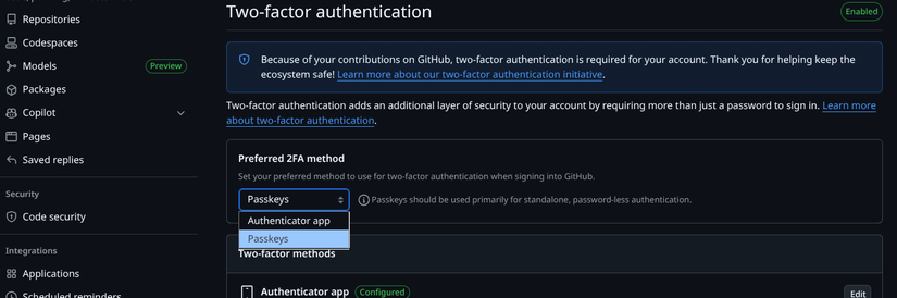 настройка passkey на Github скриншот